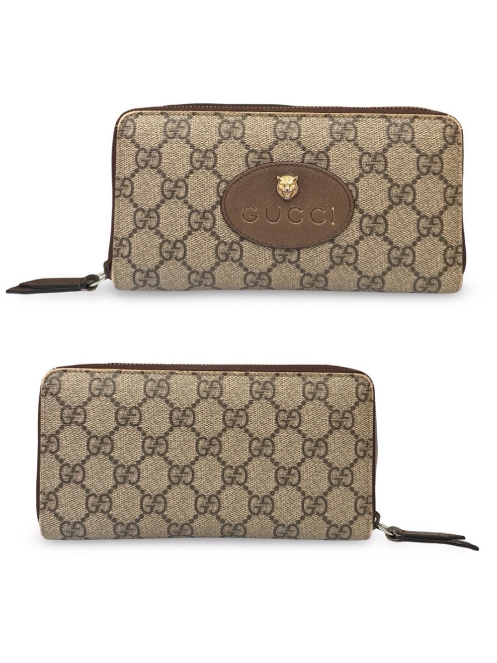 Gucci Beige Brown GG Supreme Zip-Around Wallet with Gold Accent Coated Canvas